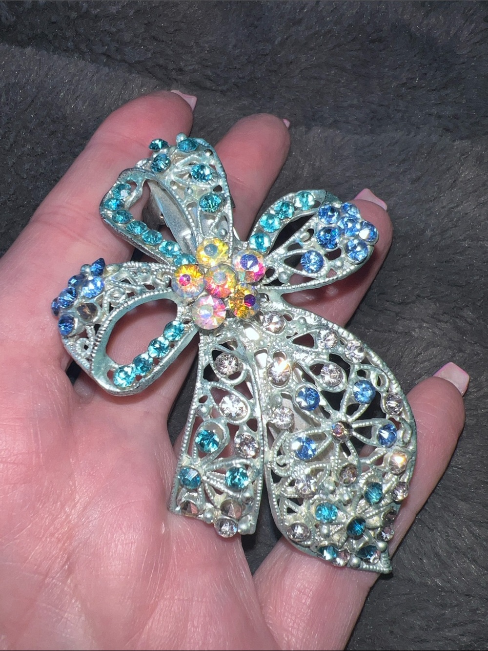 Blue Crystal Bow Hair Barrette with Aurora Center